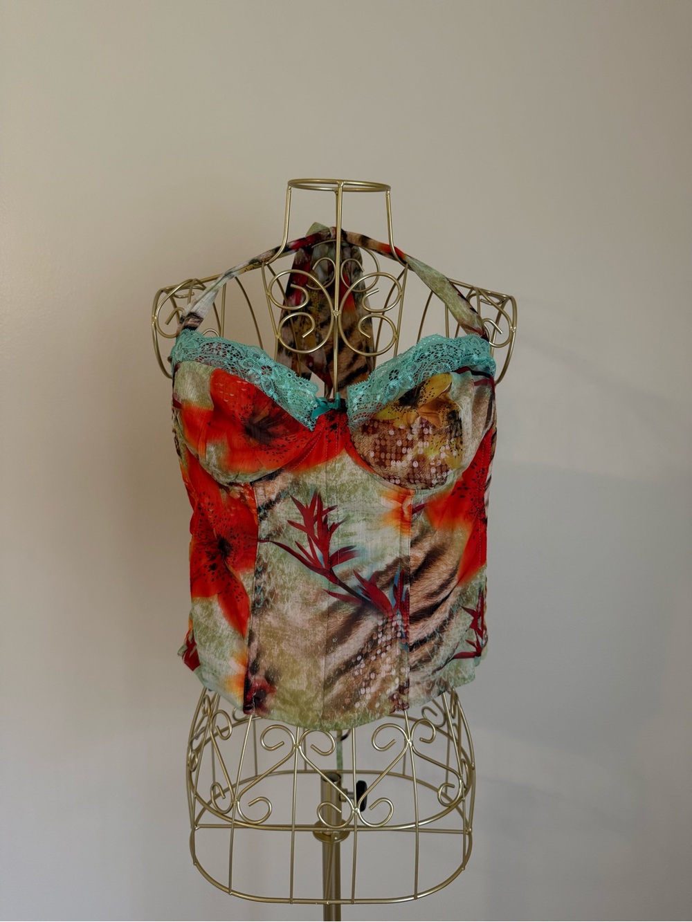 Floral Lace-Trim Bustier Camisole in Red and Teal